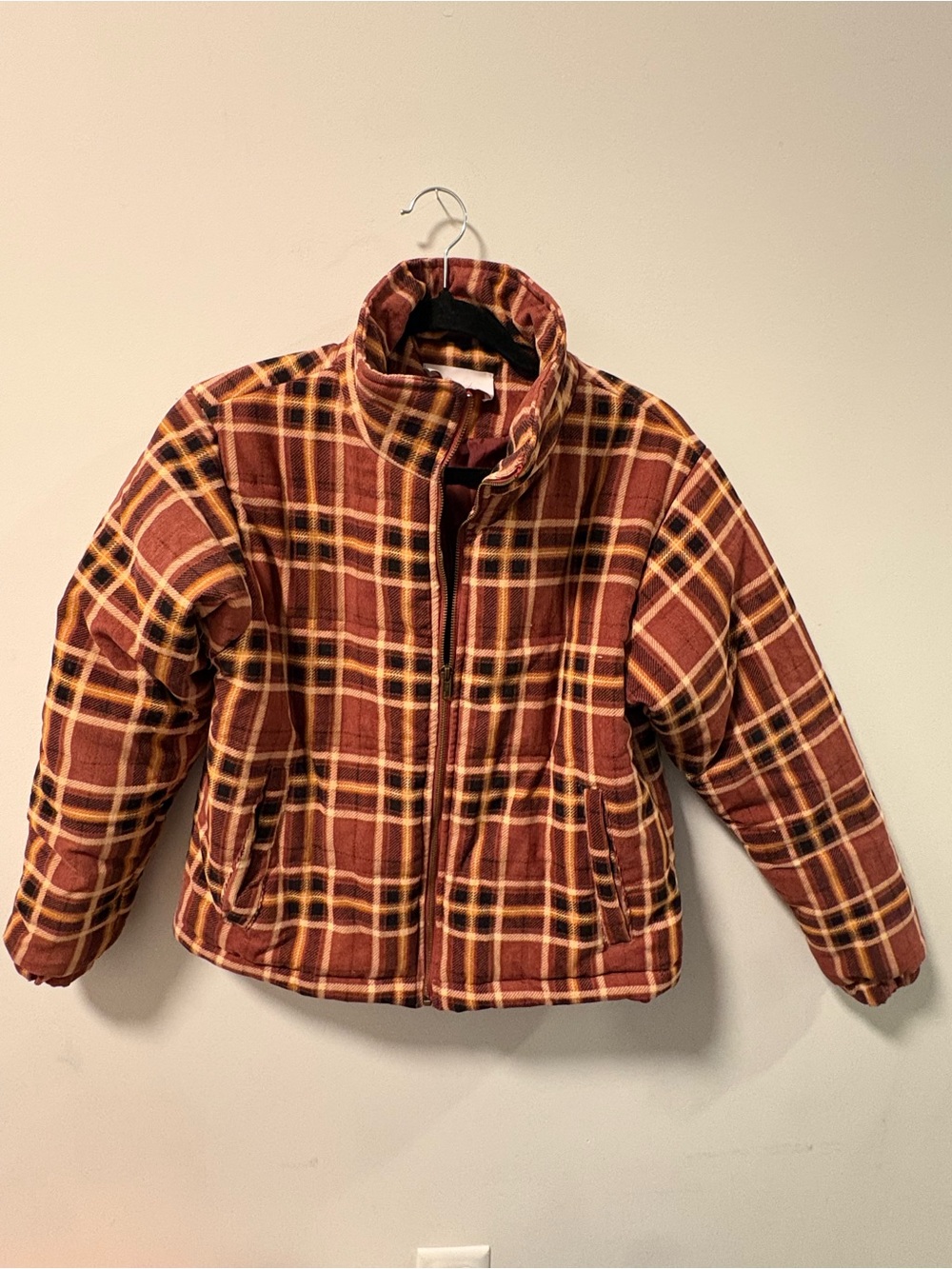 Plaid Rust Puffer Jacket with High Collar